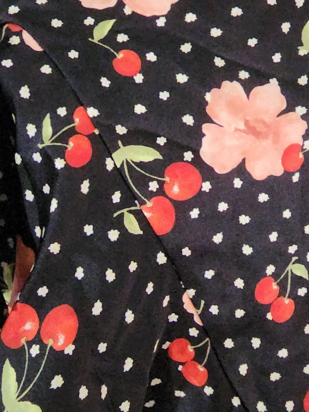 Forever 21 Black Asymmetrical Ruffle Skirt with Pink Floral and Red Cherry Print - Picture 3 of 5